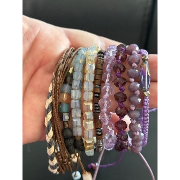 Assorted Lot Of 10 Pull Cord Bracelets Glass Lava Black Purple Brown White Grey - Picture 1 of 6